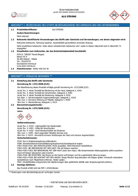 Sicherheitsdatenblatt Von Alu Strong Reinigungsmittel