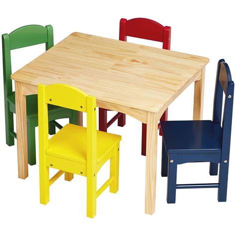 Amazon Basics Kids Wood Table and 4 Chair Set, Natural Table, Assorted ...