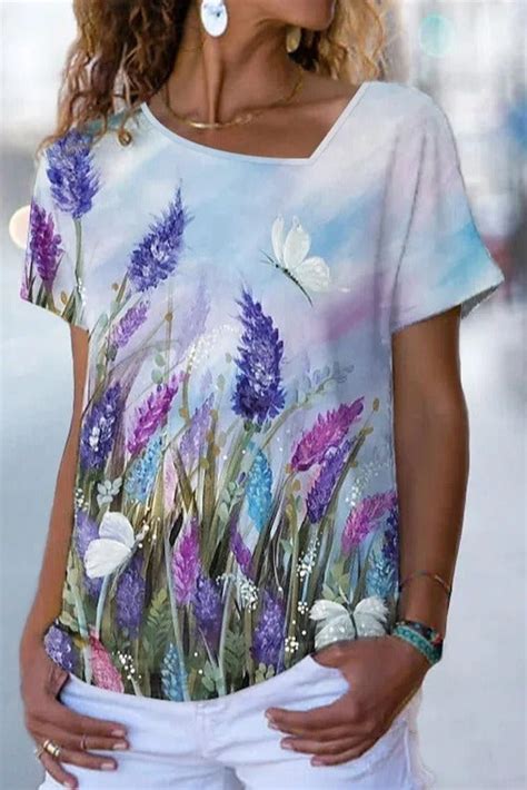 Lavender Print Asymmetric V Neck Short Sleeves T Shirt Ivyalpha