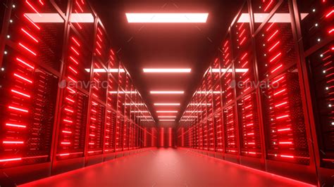 Endangered Hacked Server Room Interior In Datacenter Red Lights 3d