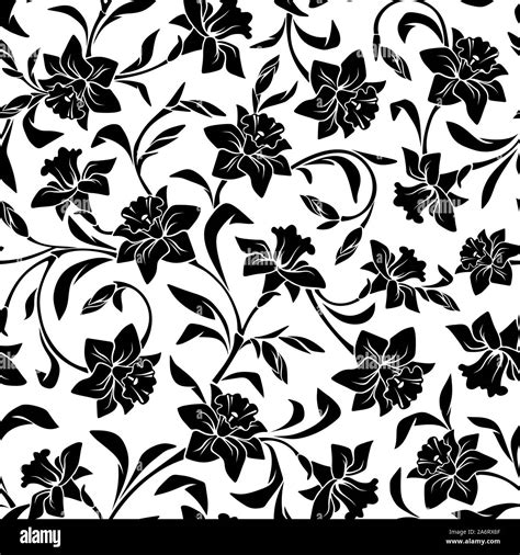 Vector Black And White Seamless Pattern With Narcissus Flowers Stock