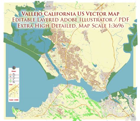 Vallejo California Us Pdf Vector Map Extra High Detailed Street Map