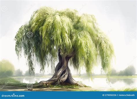 Leaning Willow Tree Watercolor Painting Style Stock Illustration