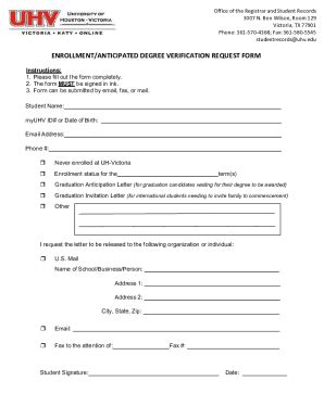 Fillable Online Enrollment Anticipated Degree Verification Request Form