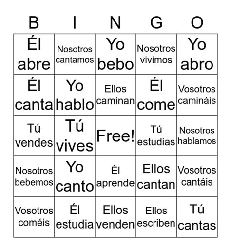 El Presente Indicativo De Los Verbos Ar Er Y Ir Bingo Card