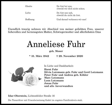 Traueranzeigen Von Anneliese Fuhr Rz Trauer De