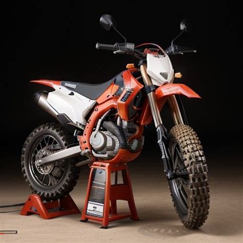 An Orange And White Dirt Bike Parked On Top Of A Red Stand In Front Of