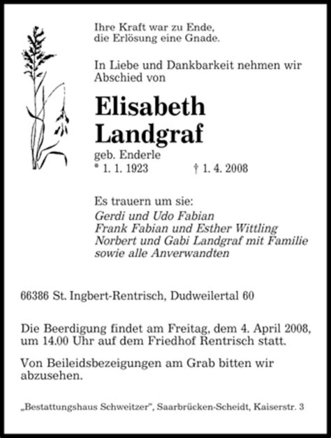 Traueranzeigen Von Elisabeth Landgraf Saarbruecker Zeitung Trauer De