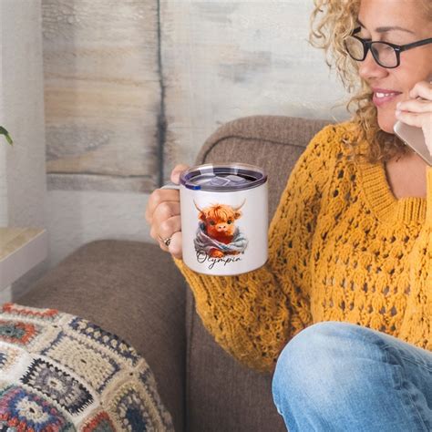 Personalisierte Highland Kuh Tasse Mit Namen Heiße Kakaotasse Für Kinder Emaille Kaffeetasse