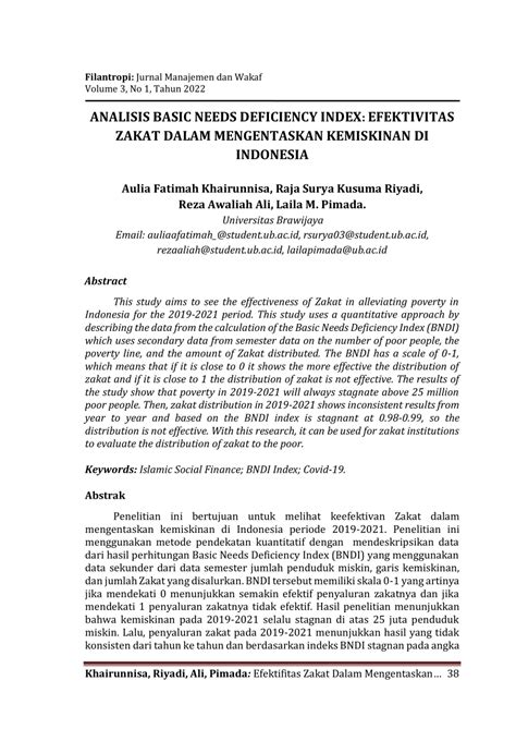 Pdf Analisis Basic Needs Deficiency Index Efektivitas Zakat Dalam