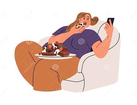 Woman Eating Sweet Dessert Cake With Phone In Hand Person Overeating