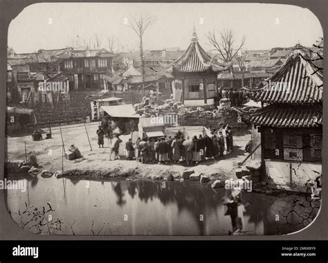 19th Century Vintage Photograph Crowd On A Chinese Street Watching