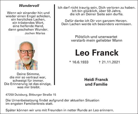 Traueranzeigen Von Leo Franck Trauer In NRW De