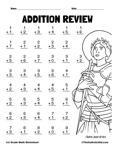 Addition Review With St Joan Of Arc 1st Grade Math Worksheet Catholic