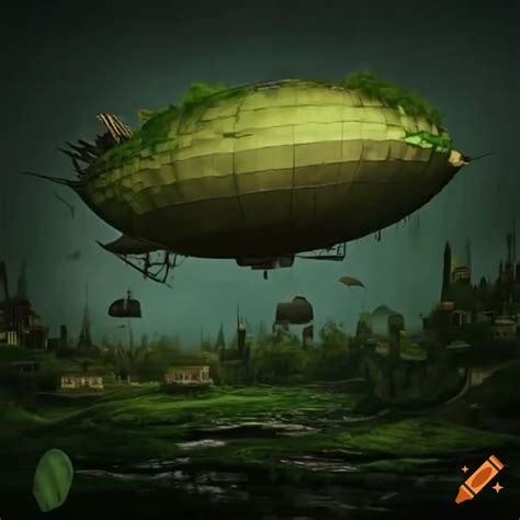 Moss Covered Airship Flying Over A Steampunk City In The Jungle On Craiyon