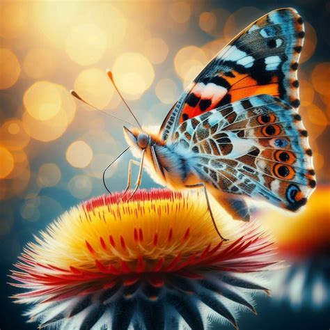 Premium Vector Vibrant Butterfly On A Flower With Bokeh Background