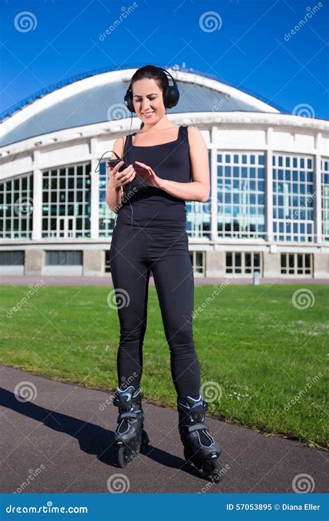 Cheerful Girl In Roller Skates Listening Music In Park Stock Image Image Of Caucasian Cute