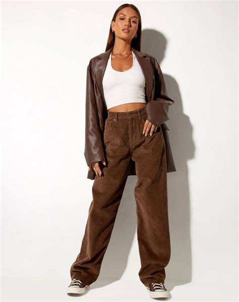 Motel Rocks Brown Corduroy Parallel Baggy Jeans Womens Fashion Bottoms Jeans And Leggings On