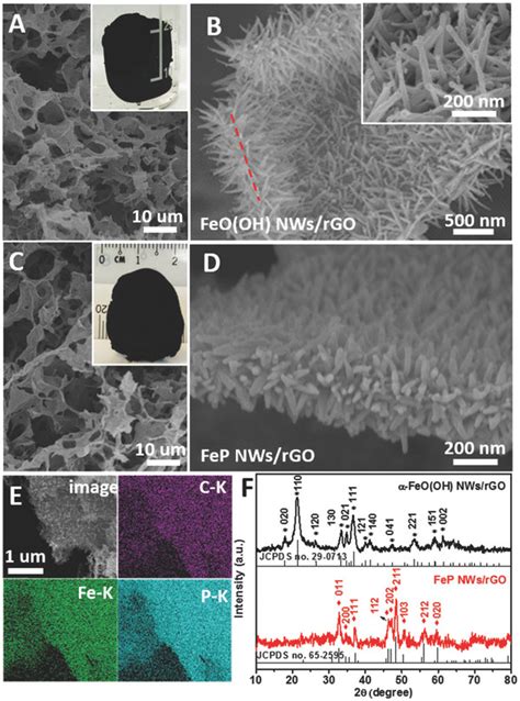 A B Low And High Magnification SEM Images Of The FeO OH NWs RGO