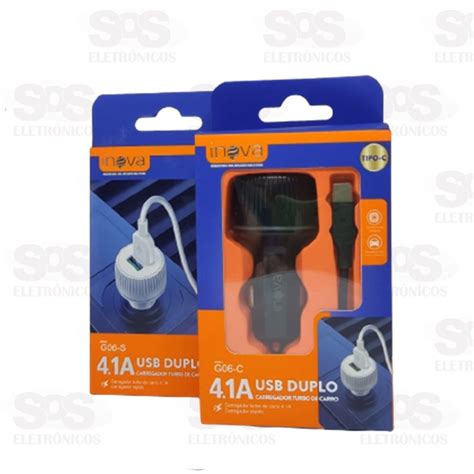 Carregador Veicular 2 USB 4 1A Cabo Micro USB V8 Inova G06S