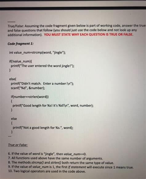 Solved True False Assuming The Code Fragment Given Below Is Chegg