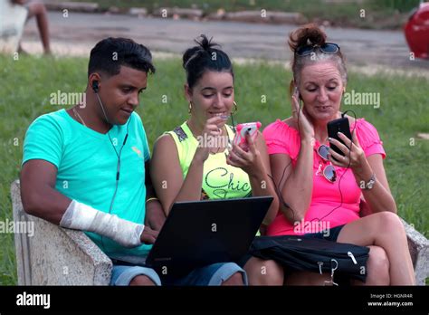 Havana Cuba Cuban People Using Mobile Telephone Cell Phone