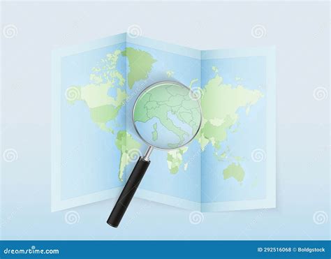 A Folded World Map With A Magnifying Lens Pointing Towards San Marino