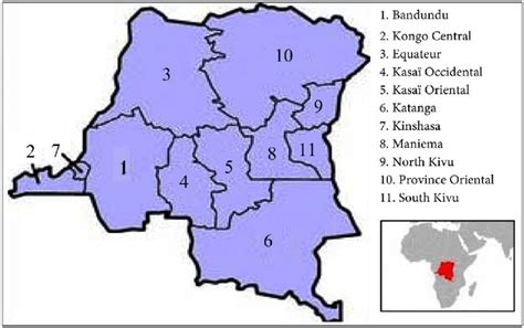 Map of the DRC showing the 11 former provinces until 2015 as used in ...