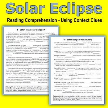 Solar Eclipse Reading Comprehension Using Context Clues Tpt