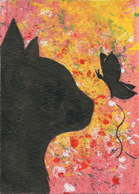 ORIGINAL ACEO Card Silhouette Of Cat And Butterfly On Abstract