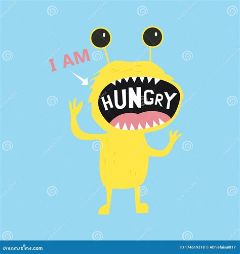 Hungry Cute Monster Cartoon Vector Character Design on Blue Background ...