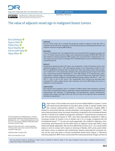 Pdf The Value Of Adjacent Vessel Sign In Malignant Breast Tumors