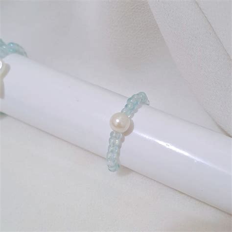 Jual Beads Ring Aquamarine Cincin Manik Biru Laut Daisy Love Kupu Pearl