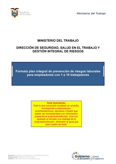 Formato Plan Integral De Prevenci N De Riesgos Laborales Ministerio