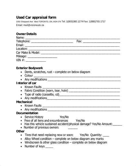 Free 8 Sample Vehicle Appraisal Forms In Pdf Ms Word