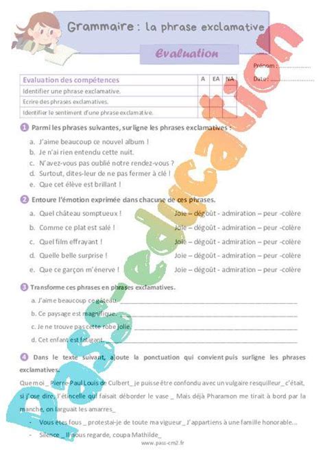 La phrase exclamative Évaluation de grammaire pour le cm2 PDF à