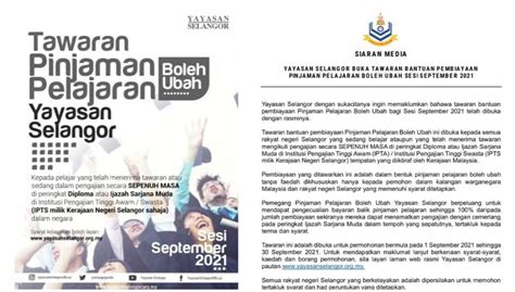 Yayasan Selangor Pinjaman Pelajaran Boleh Ubah Sesi September 2021