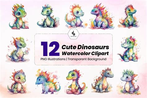 Cute Dinosaur Watercolor Clipart Bundle Graphic by dendysign · Creative Fabrica