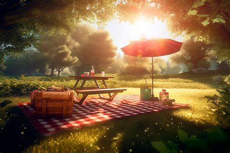 Premium AI Image | A picnic table with an umbrella and a red blanket in a park.