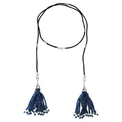 Sapphire And Diamond Lariat Tassel Necklace With Freshwater Pearls For Sale At 1stdibs