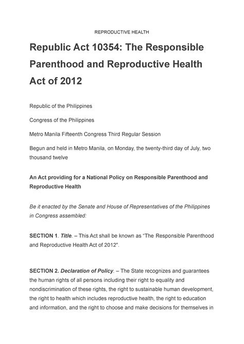 Ra Assignment Reproductive Health Republic Act The