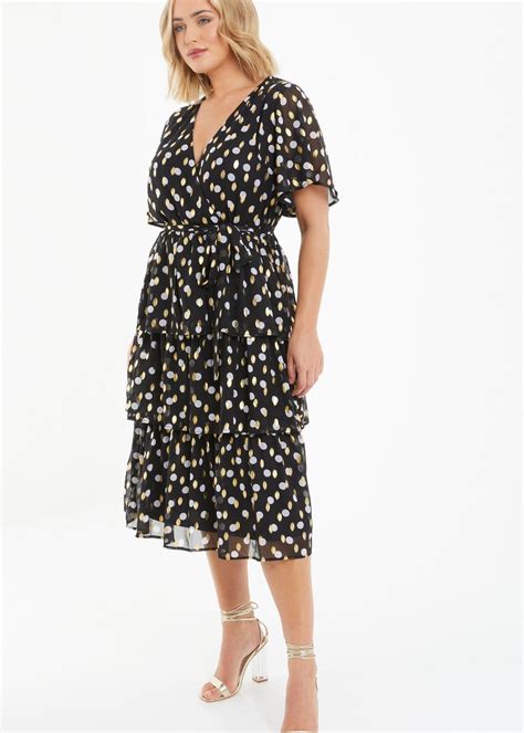 Quiz Black Curve Polka Dot Foil Wrap Midi Dress Matalan