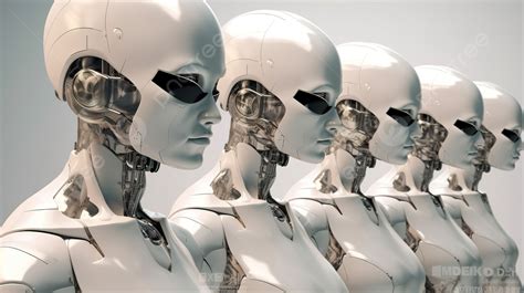 Row Of Female Cyborgs With Goggles In 3d Rendering Background Humanoid Cyborg 3d Robot