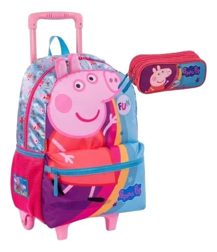 Mochila Escolar Peppa Rodinha E Estojo Colorido Sestini Cor Rosa