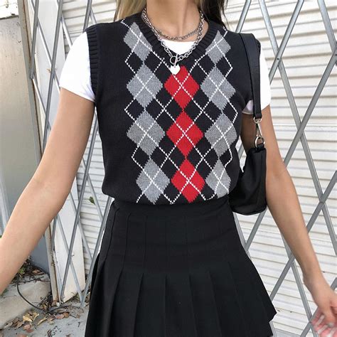 Sweetown Argyle Plaid Knitted Womens Sweater Vest England Preppy Style