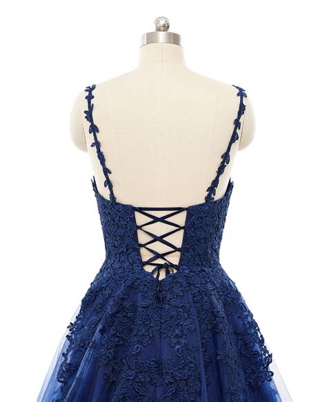 Gorgeous Navy Blue Flowy Long Tulle Prom Dress With Lace Appliques