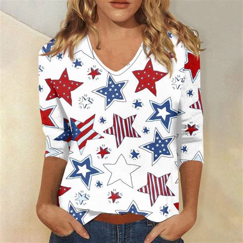 Uocefik 4th Of July Shirts For Women Summer 34 Sleeve Independence Day Usa Flag Print T Shirts