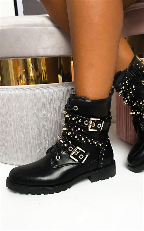 Blake Buckle Studded Biker Boots In Black Pu Ikrush