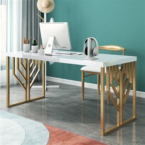 White Rectangular Writing Desk Modern Computer Desk Pine Metal Homary