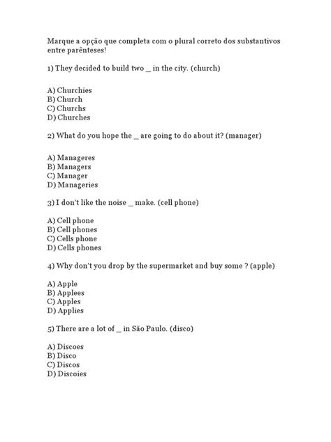 Plural Of Nouns Exercícios Pdf Linguistics